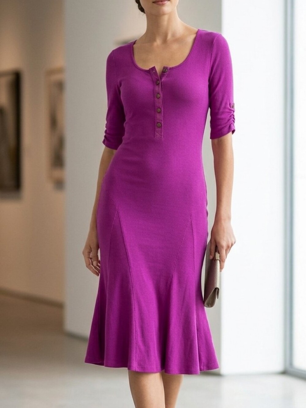 Lauren Ralph Lauren Short Sleeve Roll Tab Henley Midi Dress Purple